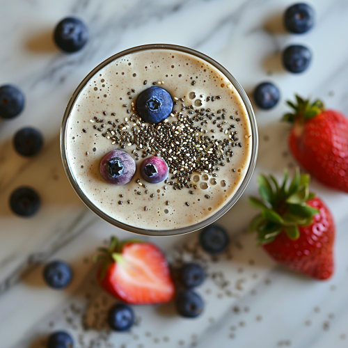 Smoothie with soursop pulp strawberries blueberries almond milk chia seeds